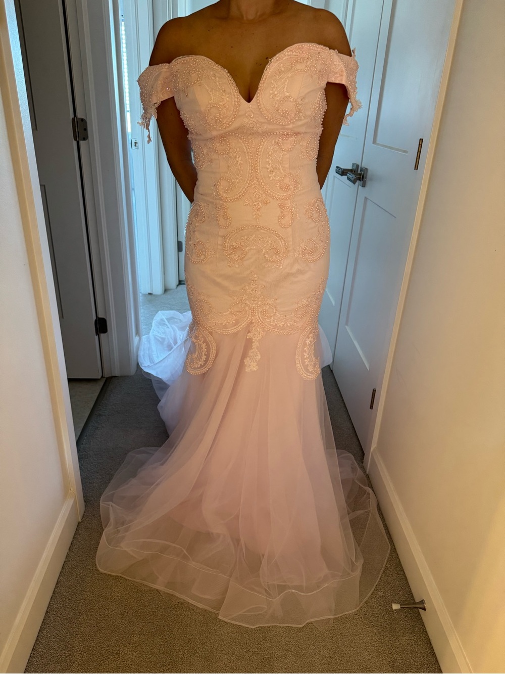 Elegant Off-Shoulder Beaded Mermaid Dress - Blush Pink